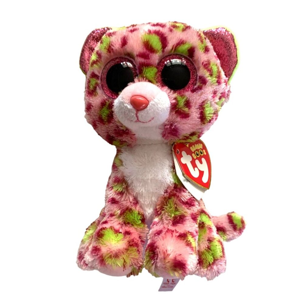new Ty Beanie Boos 6 in Tall Leopard Lainey Pink Green Plush stuffed Animal Doll